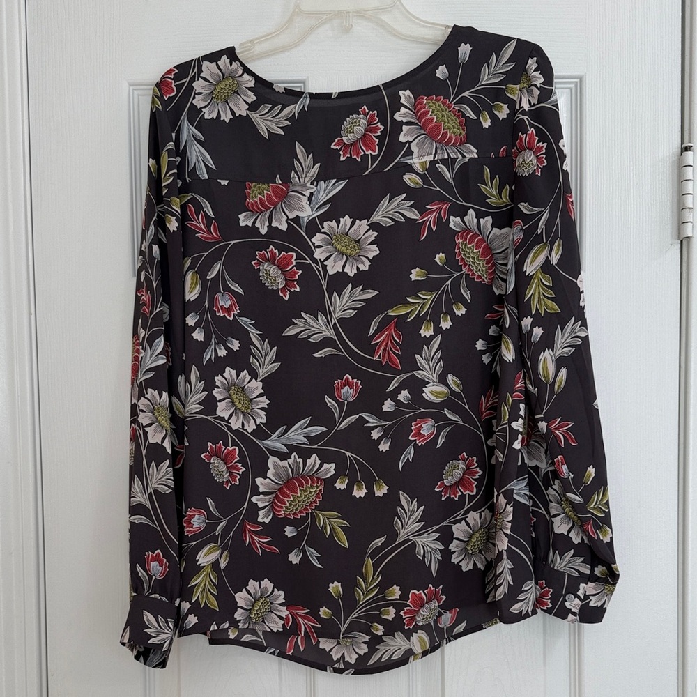 LOFT Black Floral Blouse with Red and Green Accents